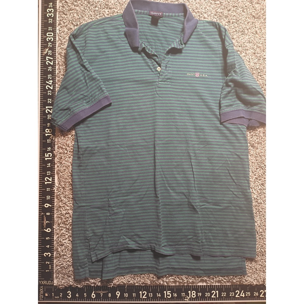 Gant USA Mens XL Polo Shirt Green Navy Blue Striped Short Sleeve Cotton Logo